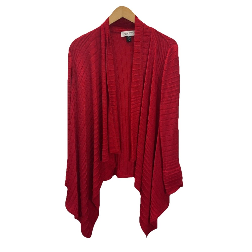 St John Wool Blend RED Cardigan Sweater M Waterfall Ribbed Long Festive Mature‎